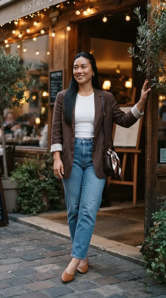 Tall curvy woman in straight-leg jeans and chocolate blazer for graduation dinner]