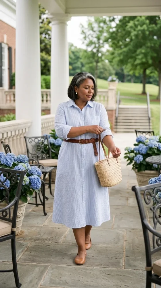 Plus-size woman in a striped shirt dress on a garden terrace, a country club spirit week outfit idea