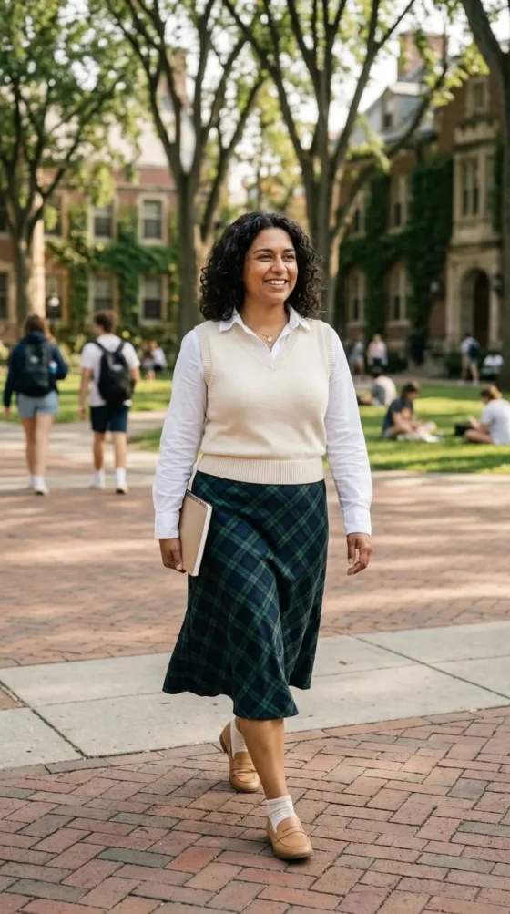 Woman in a cream sweater vest and plaid midi skirt on a campus quad, preppy country club outfit