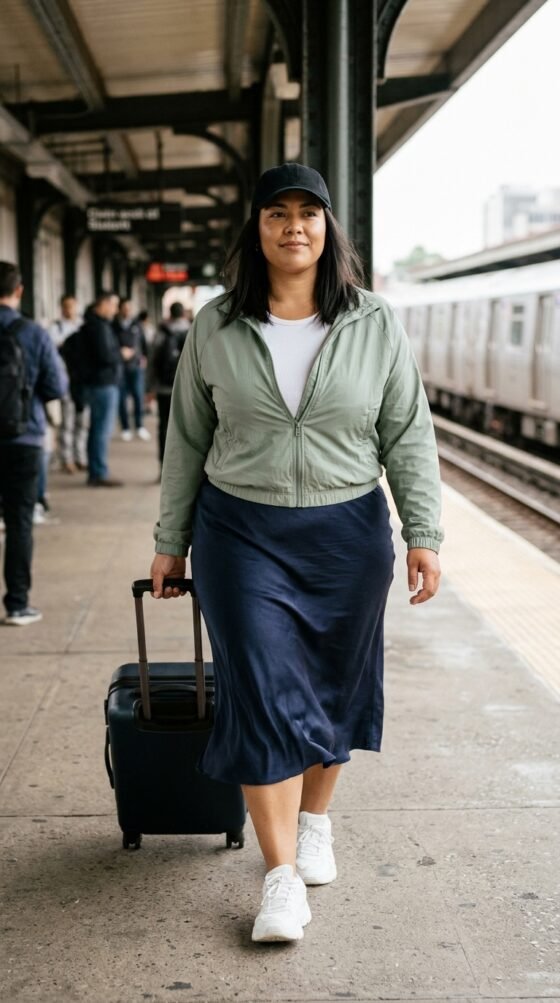Sporty-Chic Track Jacket with a Satin Midi Skirt