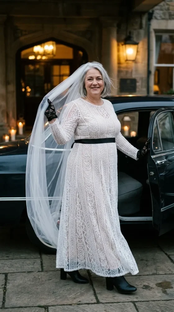 Woman in a white lace maxi dress, black gloves and veil, a gothic ghost bride Royale High Halloween outfit