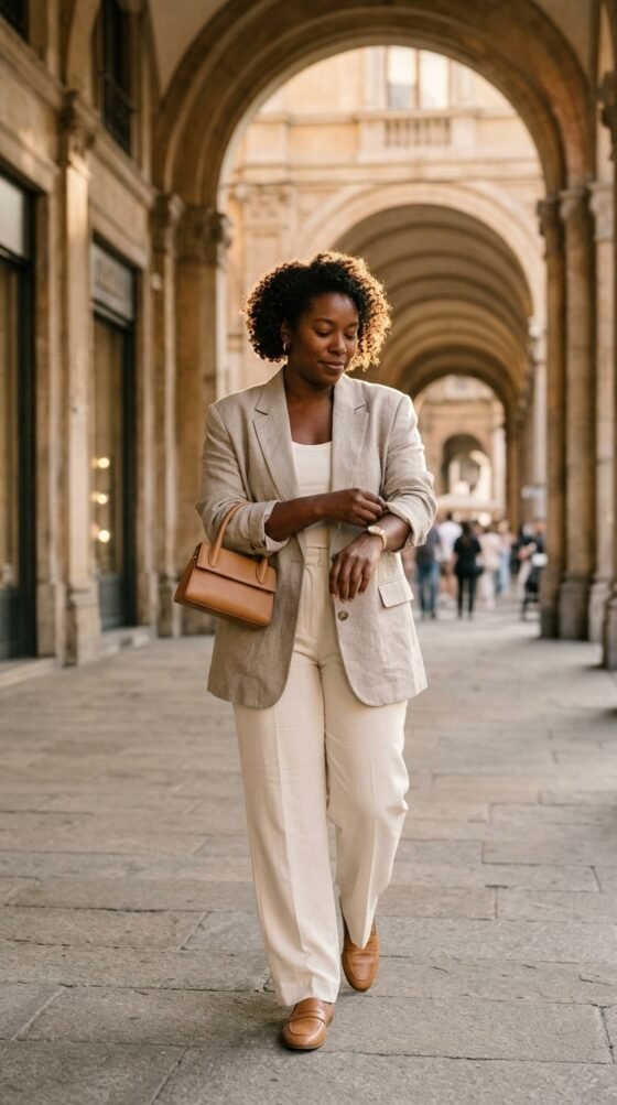 Plus-size woman in white poplin shirt and khaki wide-leg trousers, easy spring capsule outfit