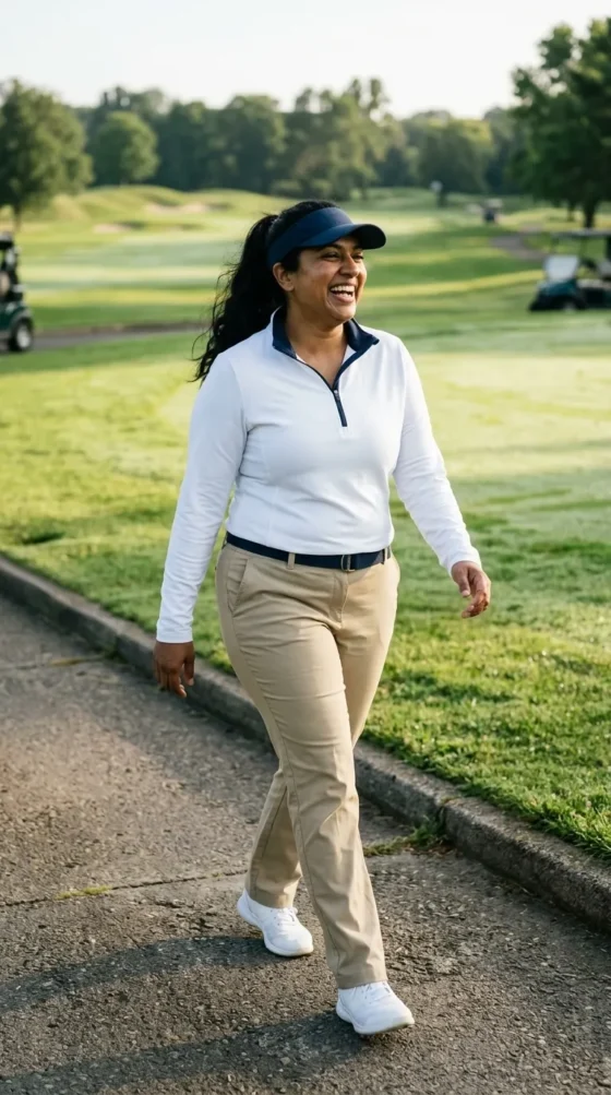 Curvy woman in a quarter-zip pullover and khaki trousers on a golf course path, country club spirit week