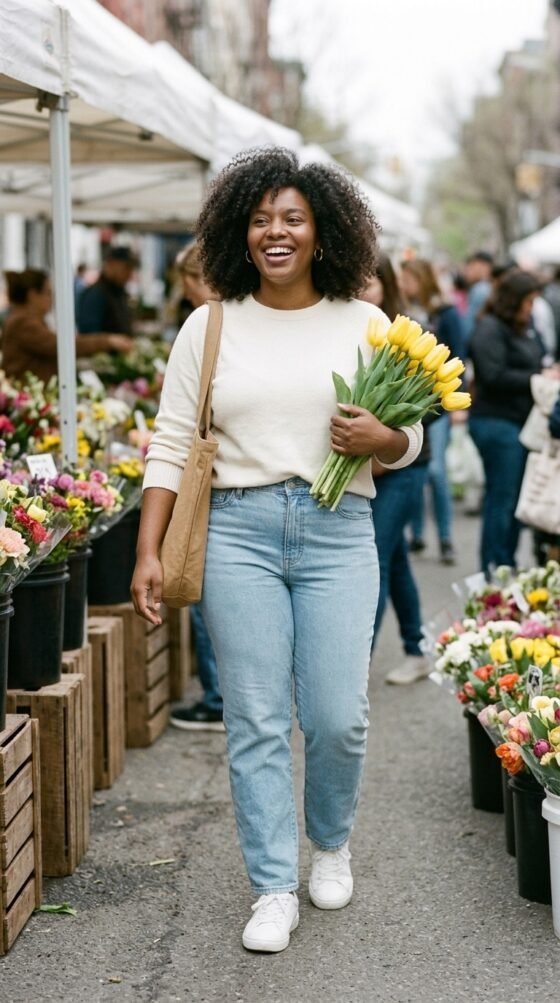 Midsize woman in cream cotton sweater and light jeans at a sunny farmers market