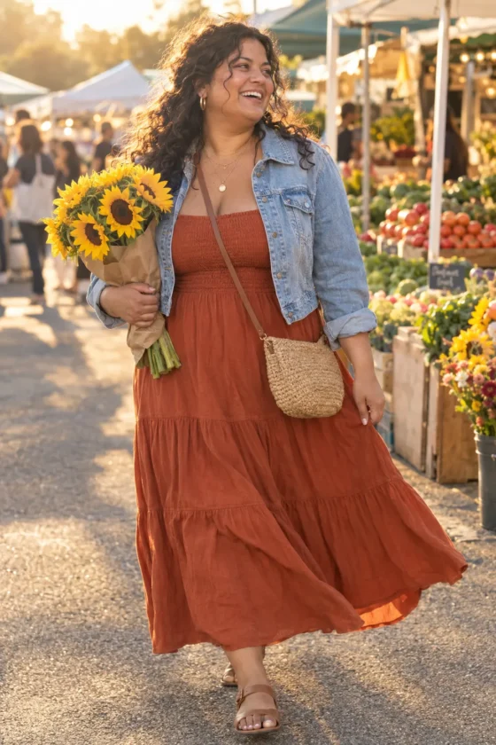 Woman in a rust tiered maxi dress and denim jacket at a farmers market, a boho outfit for women over 40