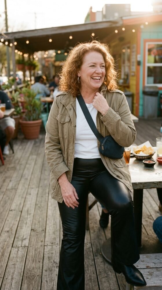 Woman in flared faux leather leggings, white tee and khaki jacket on a patio