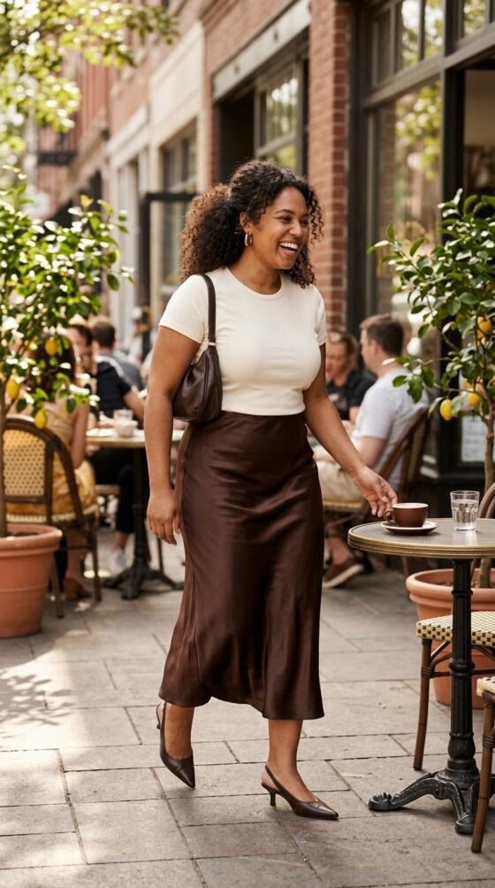 Woman in chocolate satin midi skirt and cream baby tee, a Y2K elegant outfit