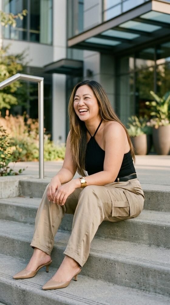Khaki satin cargo trousers with black halter top, trendy fashion outfit for curvy women