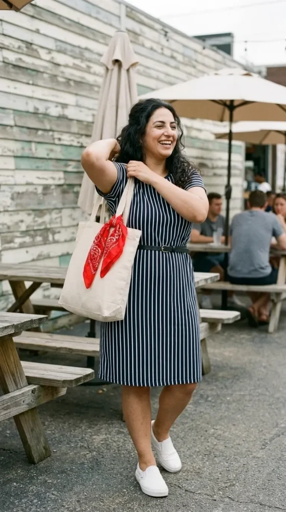 Woman in navy striped tee dress and white sneakers on a casual Nashville hot chicken lunch outing