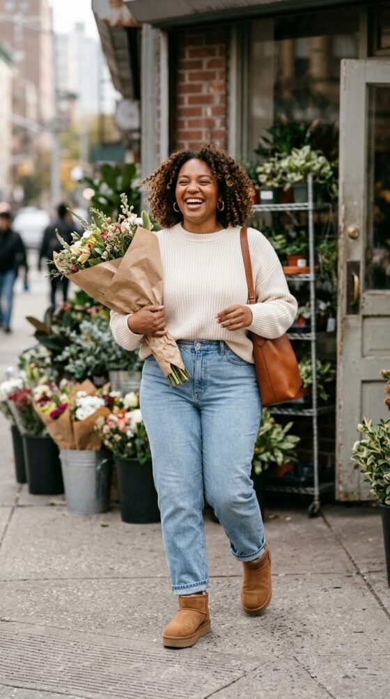 Woman in chestnut platform Ugg boots, light-wash jeans and cream sweater outside a flower shop