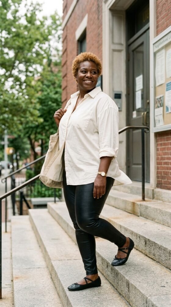 Woman in faux leather leggings, white button-down and ballet flats on library steps