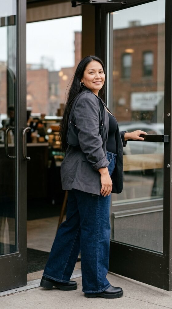 Woman in dark wide-leg jeans, charcoal blazer and black platform Ugg boots at a café door