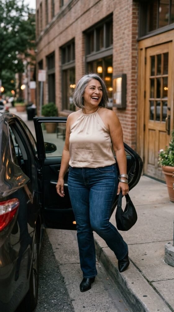 Plus-size woman in bootcut jeans and champagne satin halter top, trendy night out look