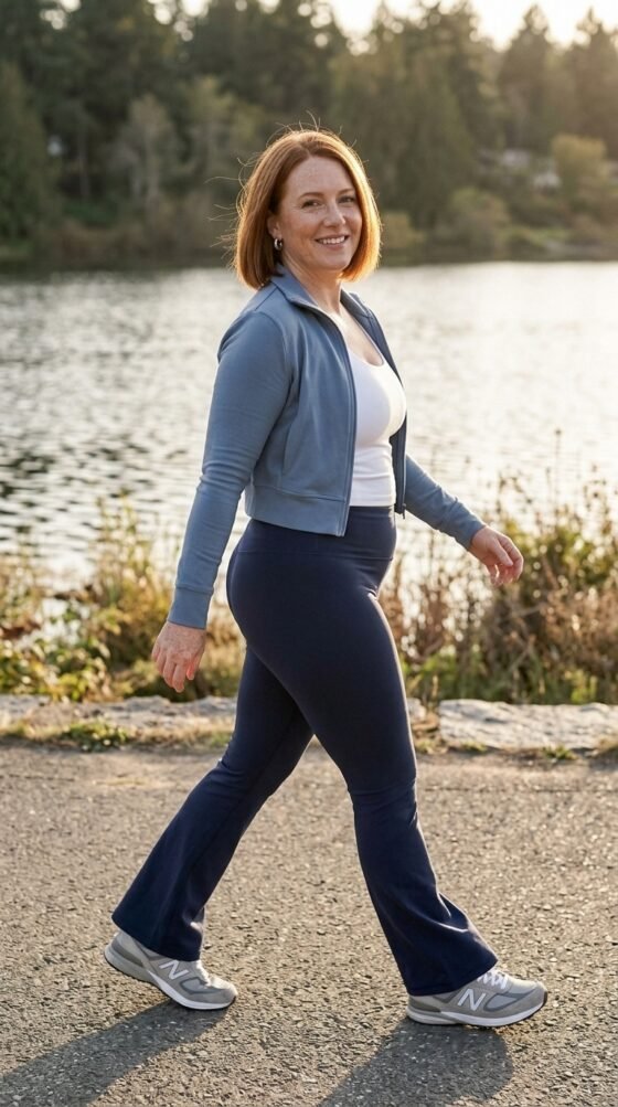 Woman in navy flared leggings, blue cropped cardigan and retro sneakers by a lake