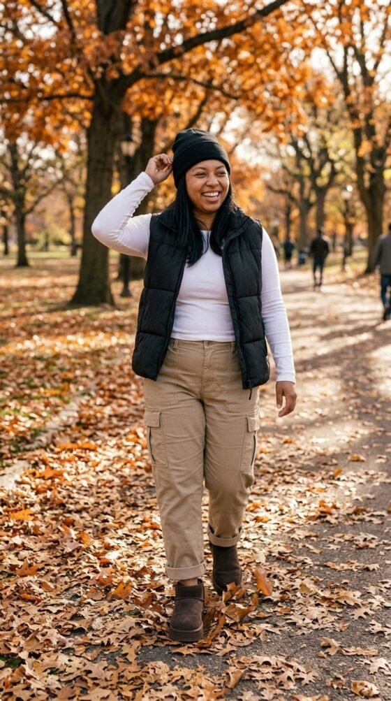 Woman in khaki cargo pants, black puffer vest and chocolate platform Ugg boots on a park path