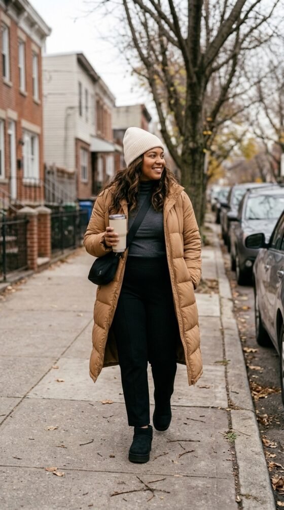 Woman in black platform Ugg boots, ponte pants and a long camel puffer coat on a tree-lined street
