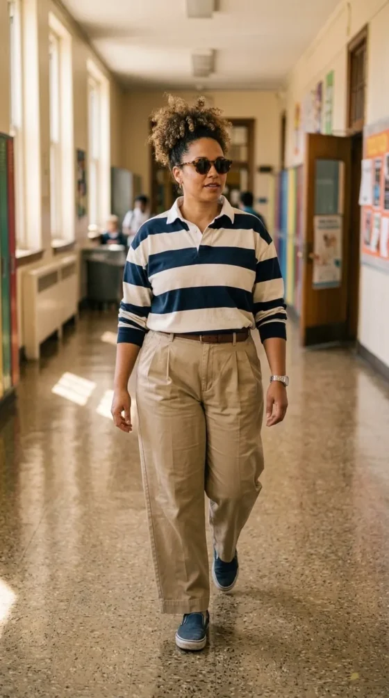 Curvy woman in a rugby stripe shirt and wide-leg khaki trousers in a pants-friendly frat boy outfit