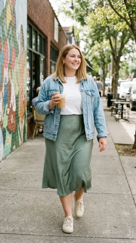Woman in sage green satin slip skirt, white tee, and cream sneakers walking in Nashville’s 12 South