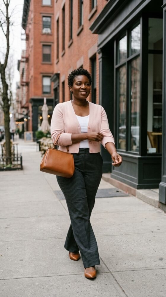 Curvy woman in pinstripe flare trousers and blush cropped cardigan, trendy office outfit