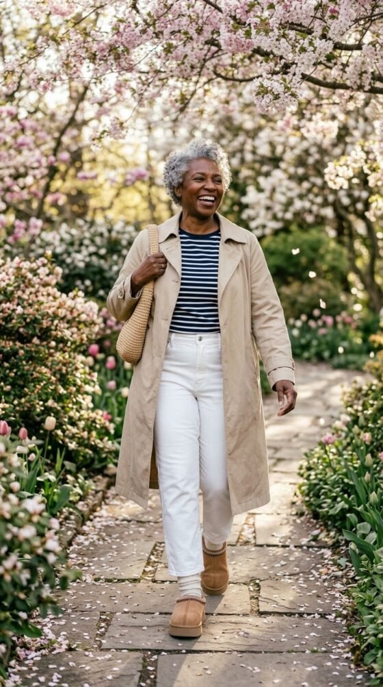 Woman in white jeans, striped tee, trench coat and tan Tasman platform Uggs in a spring garden