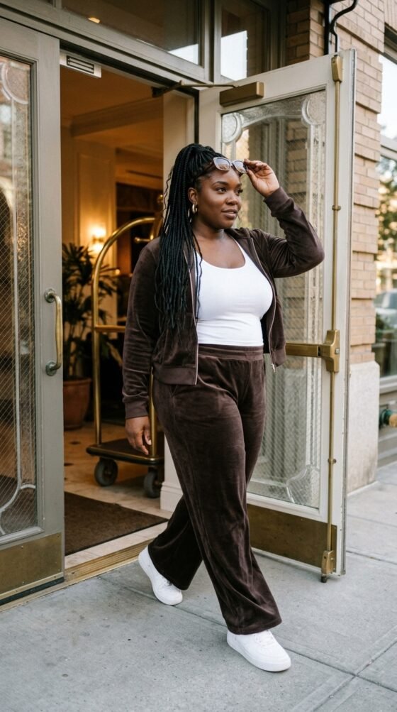Woman in espresso velour set and white sneakers, sporty Y2K elegant outfit