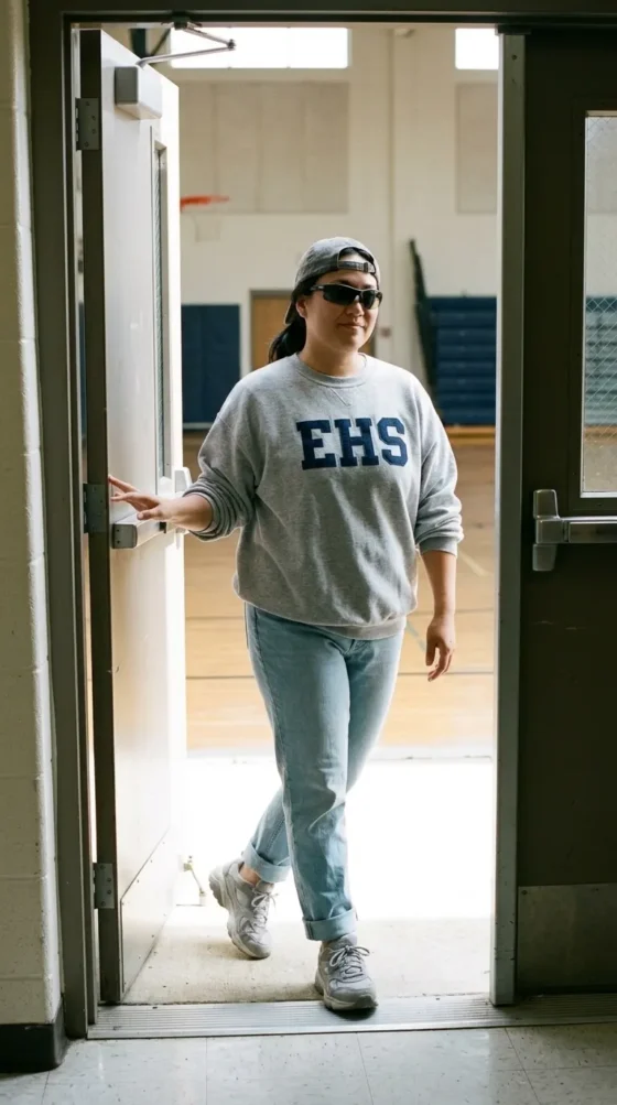 Woman in a gray crewneck, cuffed jeans and backward cap in a school spirit week frat boy outfit