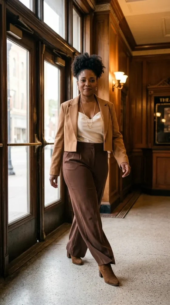 Woman in brown wide-leg trousers, ivory satin cami, and camel blazer for a Nashville concert night