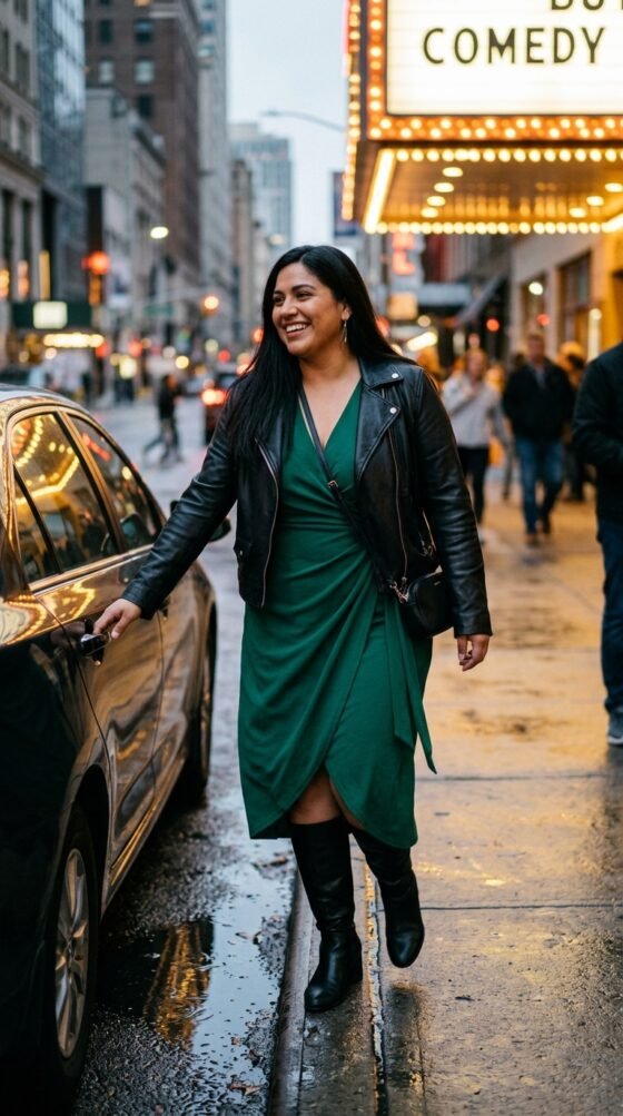 Wrap Midi Dress and Leather Jacket