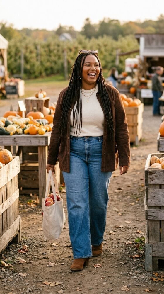 Woman in mid-wash wide leg jeans, brown suede jacket and ankle boots at an apple orchard stand